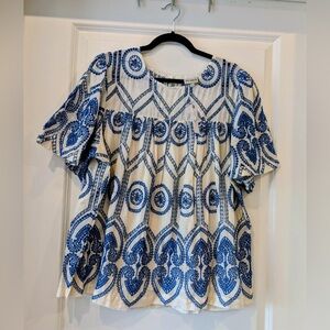 NWT The Odells (x Anthropologie) Blue Motif Short Sleeved Flowy Embroidered Top